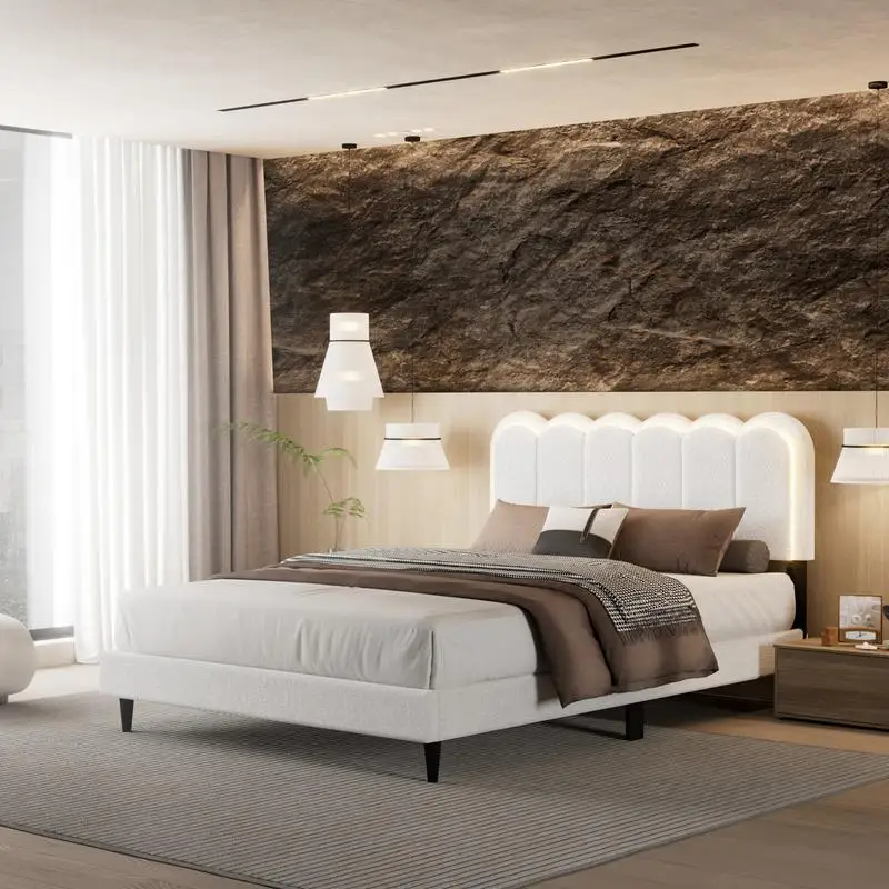 โครงเตียงหัวเตียงผ้าขนแกะสีครีมพร้อมไฟส่องสว่างแบบนุ่มนวลสำหรับห้องนอนขนาดควีนไซส์