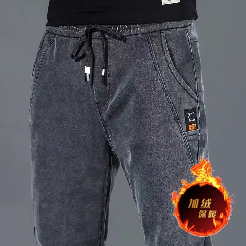 男性用 Thiened Fce 裏地付き耐摩耗性作業用ジーンズ 建設作業員向け 冬用 ロングストレートレッグパンツ