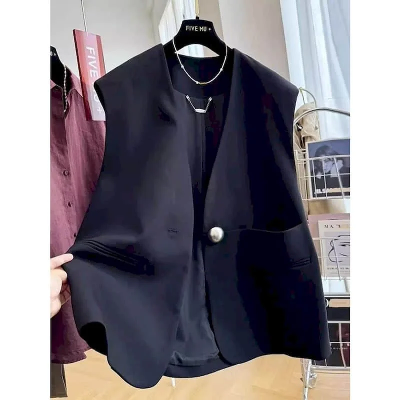 

Однотонные жилеты женские свободные с v-образным вырезом на одной пуговице костюм жилет повседневные кардиганы без рукавов корейский стиль осенние офисные женские топы