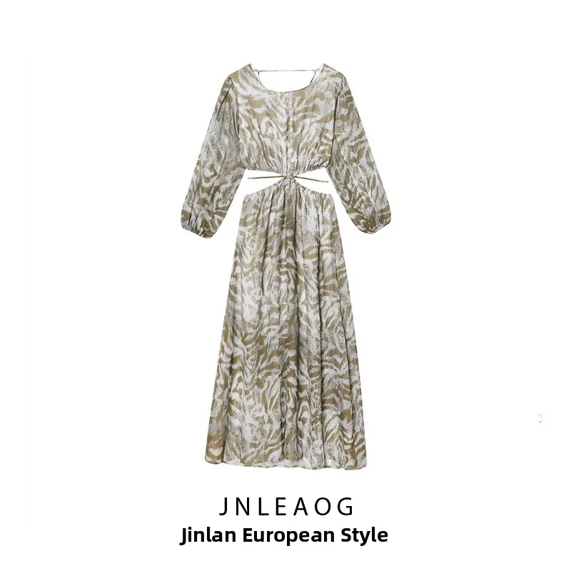 Vestido sin espalda a la moda JNLEAOG, nuevo estilo de otoño, vestido informal de manga larga con estampado de fibra de polié...