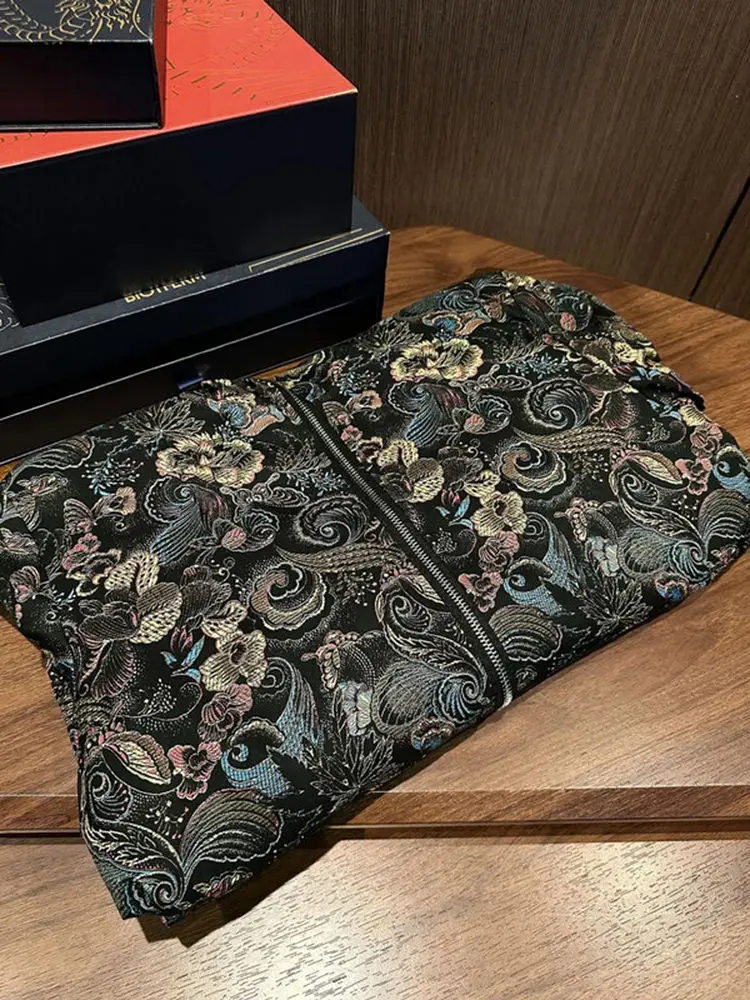 New 2026 Spring Autumn Chinese Style Hooded Jacket Men's High Fashion Short Top Coat Loose Fit Full Print Polyester Nylon Com...