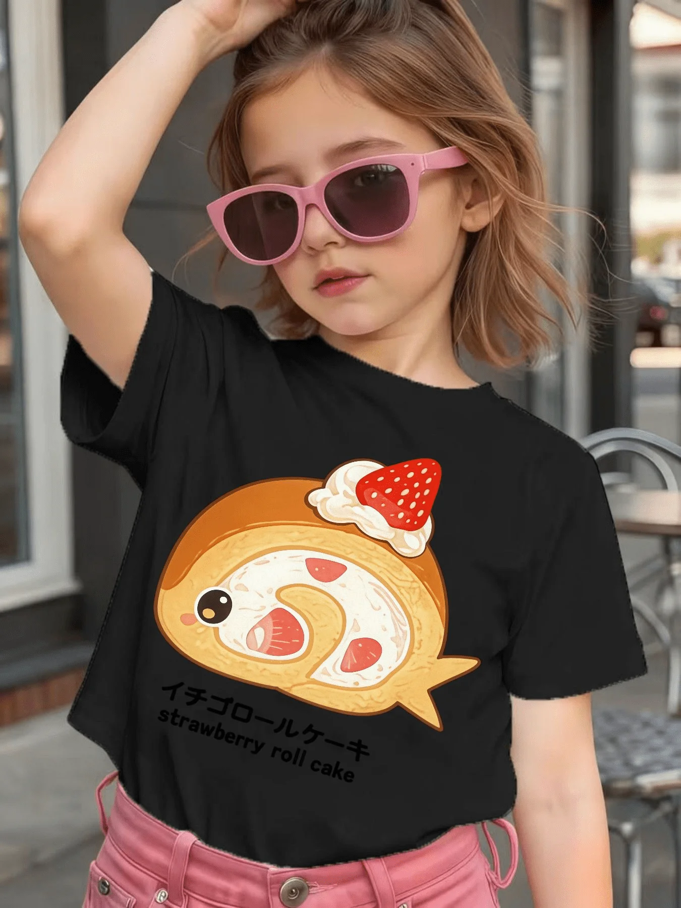 Cute Strawberry Roll Cake Cartoon Graphic Kids Tee Boys Girls Family Matching Cotton Crew Neck Short Sleeve Soft Summer Tee