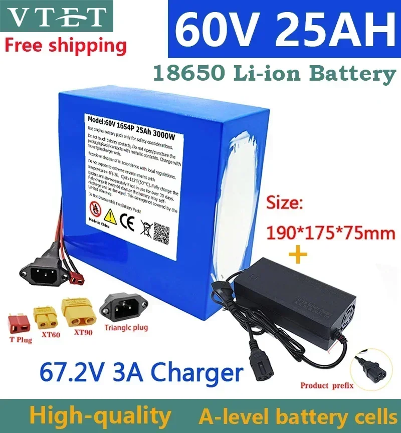 BMSポートと充電器を備えた充電式バッテリー,高品質,18650,16s4p,3000w,60v,25ah,67.2v,高寿命,新品