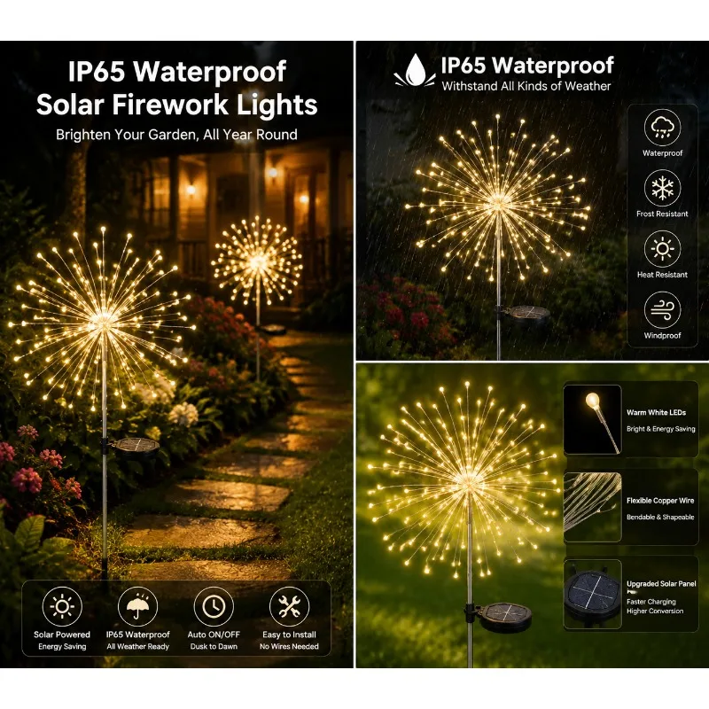 Waterproof Solar Firework Lights LED Garden Stake Lamp Outdoor Lawn Yard Decoration For Christmas Wedding Party Holiday Decor