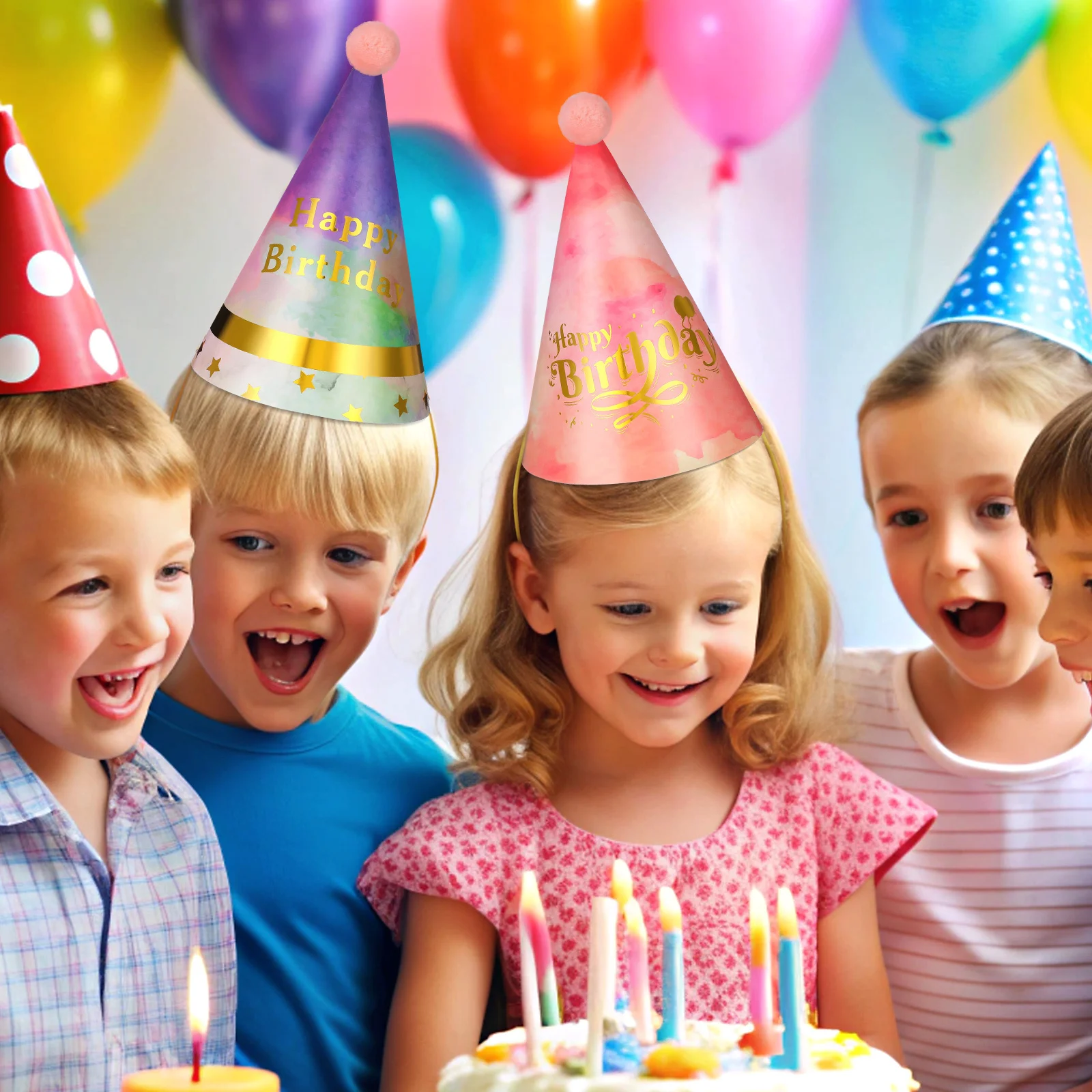 

8Pcs Birthday Party Hats for Kids Eye-Catching Colors Secure Rope Through Sides Fun Party Favors Decoration Birthday Hats