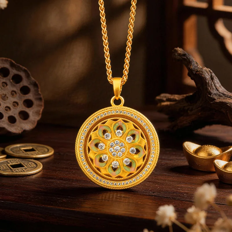 Sand gold ancient method gold enamel color encrusted with diamond lotus compass pendant necklace new Chinese light luxury