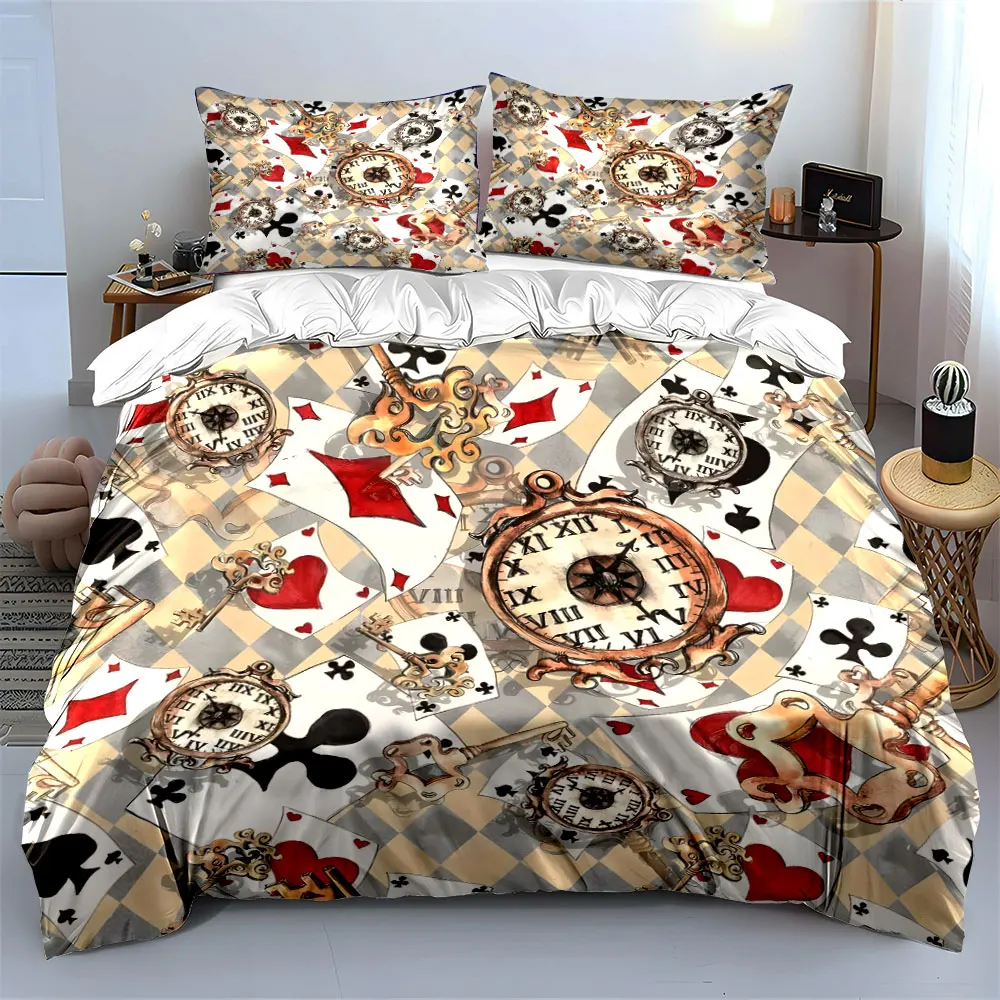 Playing cards with vintage clock decor Print Bedding Set 1Duvet Cover 2Pillowcases for Adult and Children Luxury Gift Full Size