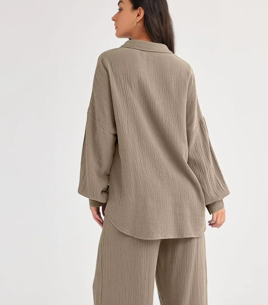 Women's Suit Solid Cotton Linen Two Piece Set Spring Summer Fashion Button Shirt + Pants Sets Casual Loose Style 2 Piece Outfit