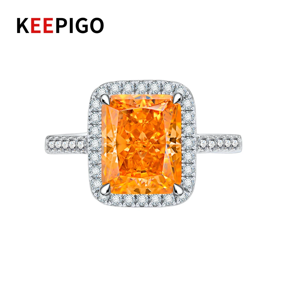 

KEEPIGO 925 Sterling Silver 7Carat 8*10mm High Carbon Diamond Ring For Female Morgan Orange Diamond Ring Birthday Gift