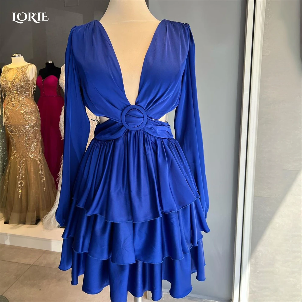 

LORIE Blue Cocktail Party Gowns V-Neck Dubai Ruched A-Line Clubbing Dresses Arabia Tiered Ruffles Skirt Mini Formal Prom Dress