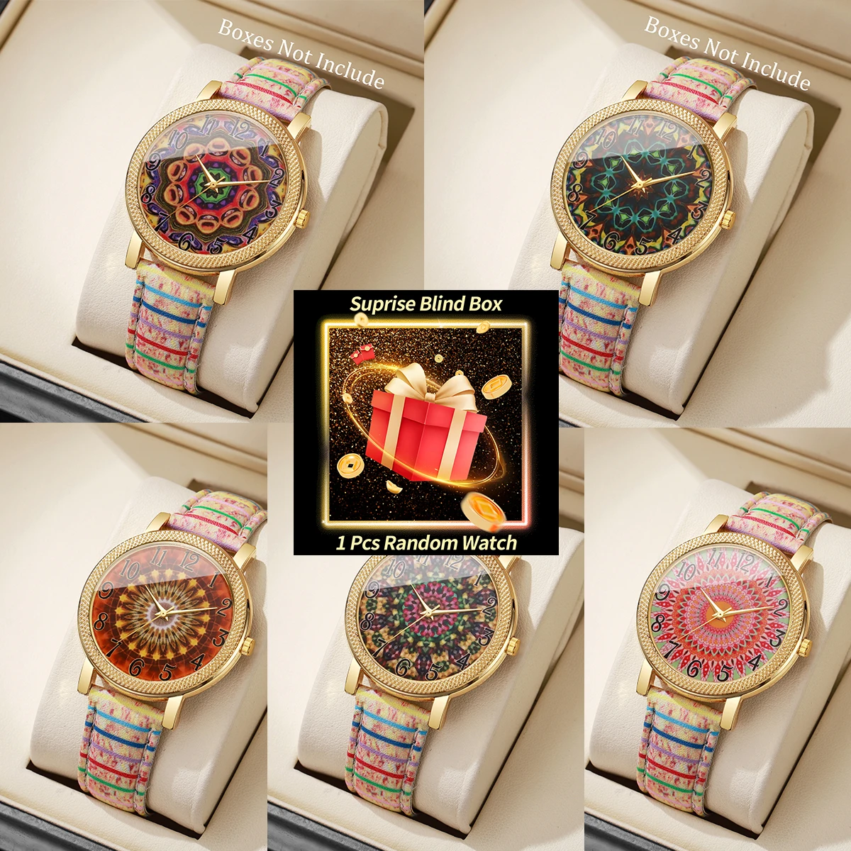 1PC Surprise Mystery Watch Blind Box-Vintage Printed Women Watches Fashion Leather Strap Quartz Wristwatch Relojs (Without Box)
