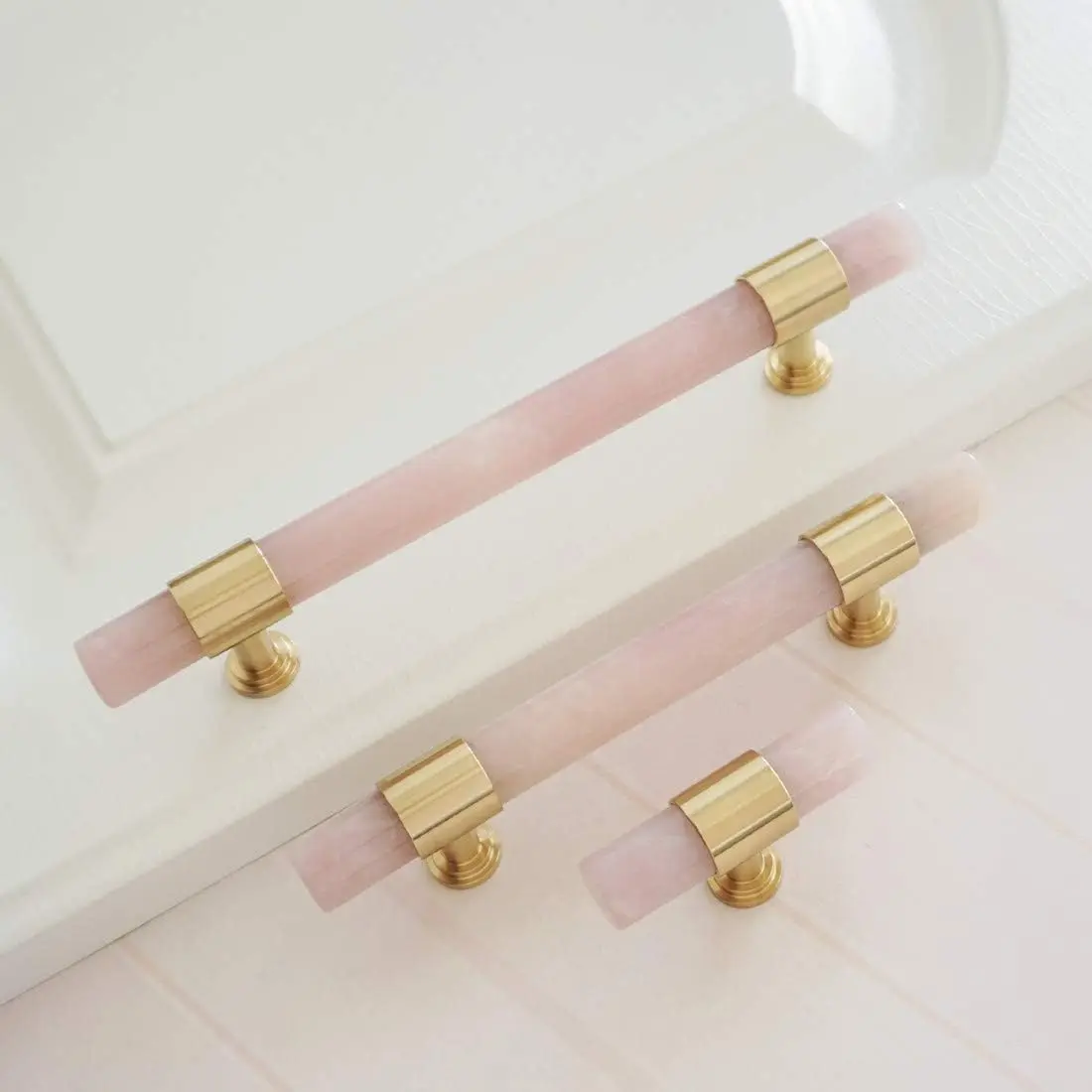 Natural Pink Crystal Cabinet Handles Brass T Bar Drawer Knobs Light Luxury Wardrobe Pulls Modern Furniture Hardware 128mm 96mm