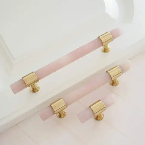 Natural Pink Crystal Cabinet Handles Brass T Bar Drawer Knobs Light Luxury Wardrobe Pulls Modern Furniture Hardware 128mm 96mm