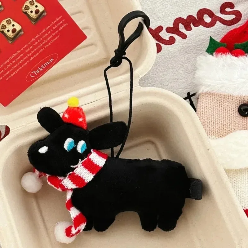 Mochila encantos cão preto chaveiro bonito estilo coreano pelúcia boneca com cachecol dos desenhos animados natal filhote de cachorro pingente presentes llaveros
