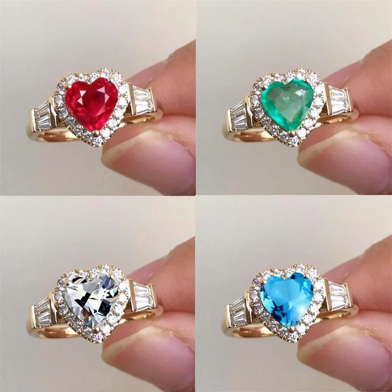 New Ladies Ring Fashion Jewelry Sea Blue Heart-shaped Staircase Square Artificial Zircon Exquisite Copper Party Luxury