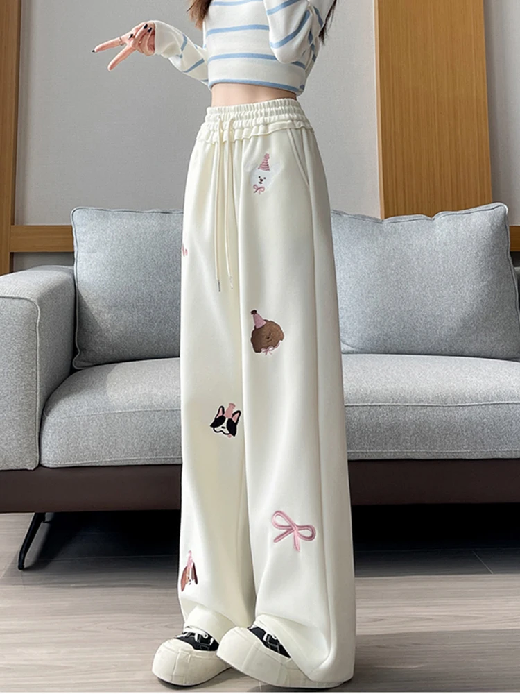 Cartoon Embroidery Cute Sweatpants Women Preppy Style High Waist Sweet Kawaii Wide Leg Pant Fall Winter Japan Vintage Trousers
