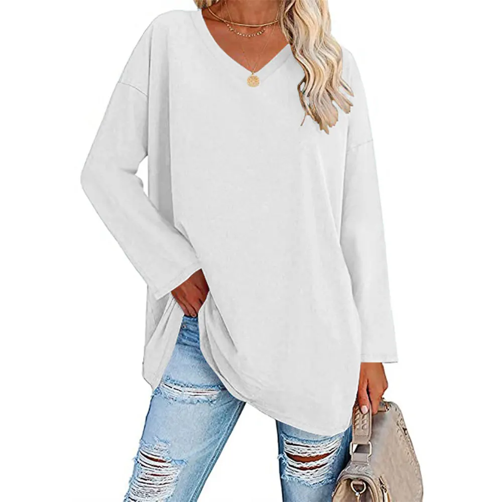 

Spring and Autumn Women's Loose T-shirt Rotary Sleeve V-neck Solid Color Fashion Pullover Simple Top Basic Tees