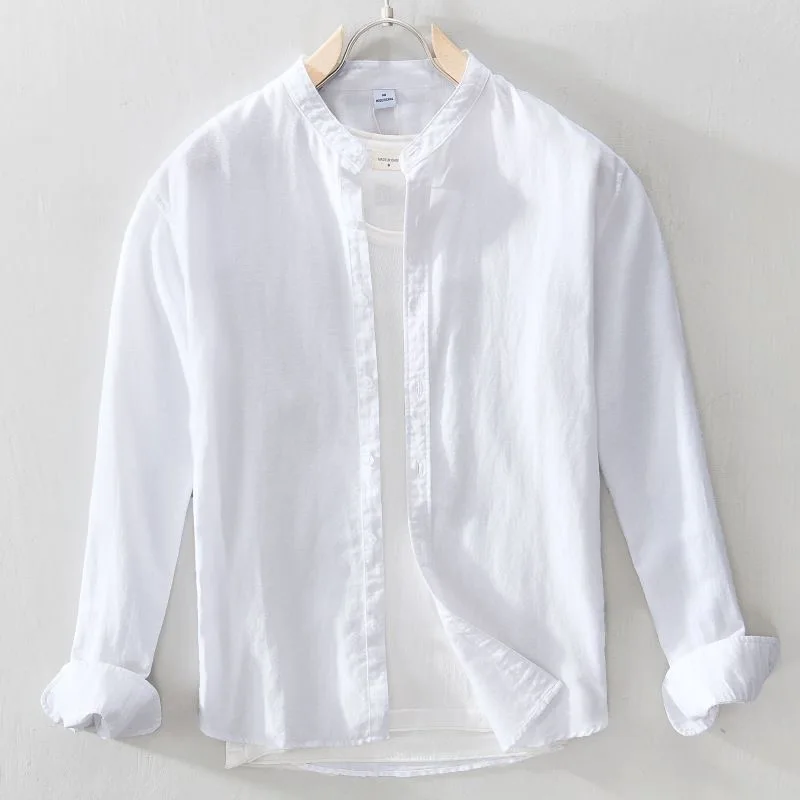 

Chinese Style Stand Collar Linen Men's Long Sleeve Shirt Cotton Linen Casual White Shirt Jacket New 2026 Spring Summer