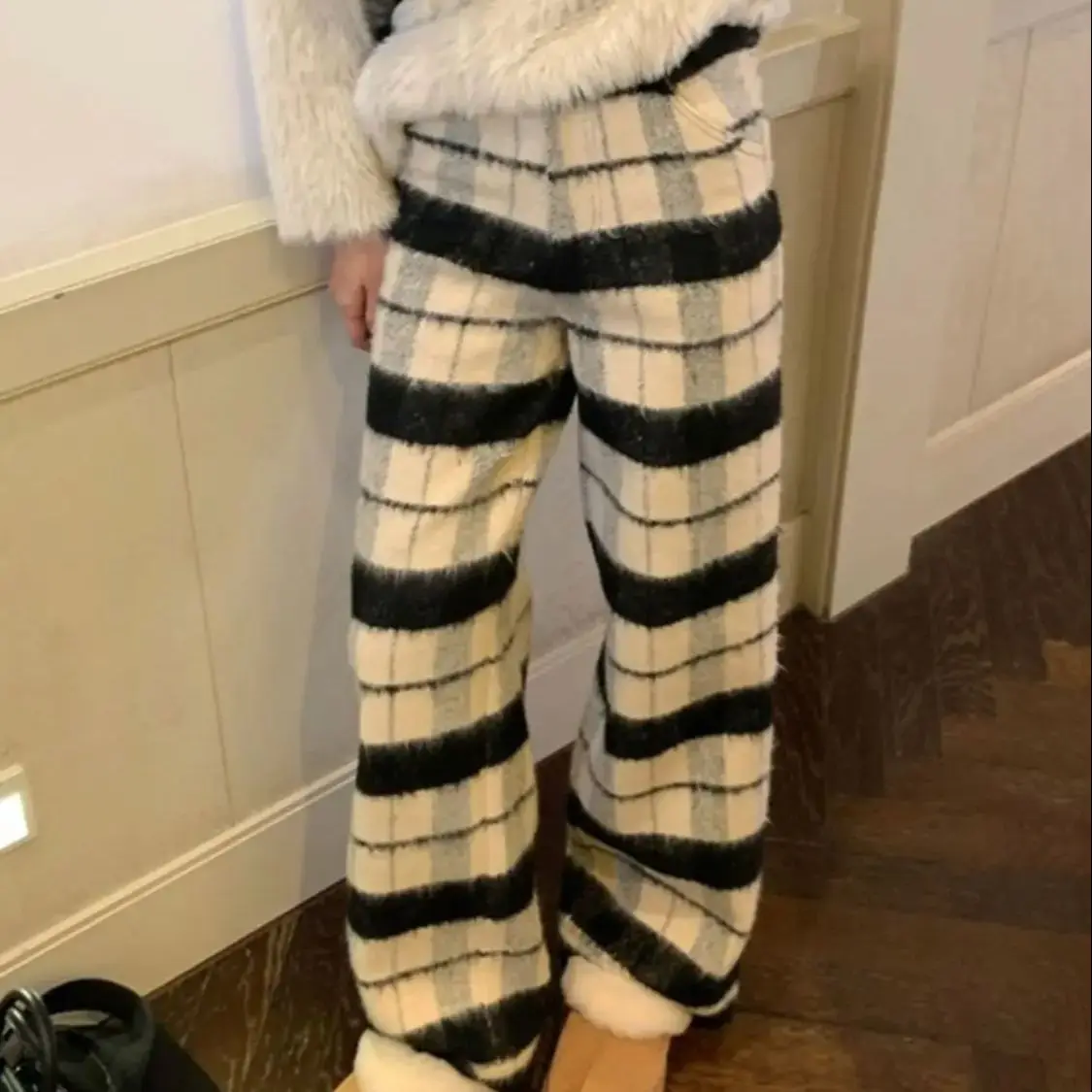 

High Waist Thick Loose Woolen Wide-Leg Trousers Plaid Retro Design Loose All-Match Korean Style Sporty Students Autumn Trousers