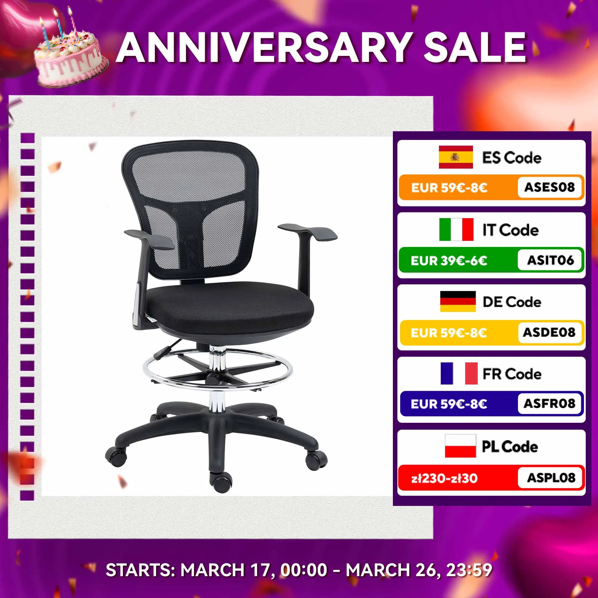 Sedia da disegno ergonomica in rete Vinsetto con braccioli muslimcm