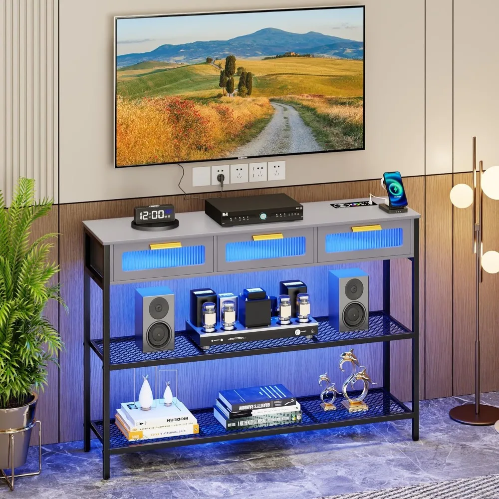 Console Table with LED Light, Entryway Table with Storage Drawers & Shelves, Narrow Long Sofa Table with Chars for Living