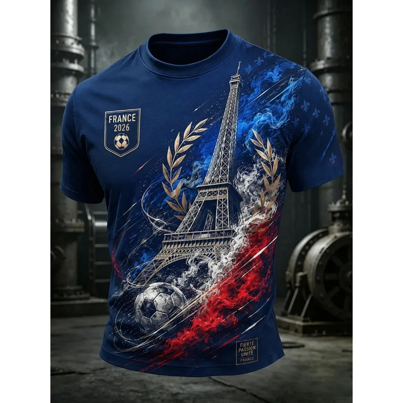 Dark Blue 3D Eiffel Tower Football Print Fan T-Shirt Tricolor Smoke Graphic Short Sleeve Sport Tee for Match Day Casual Outfit