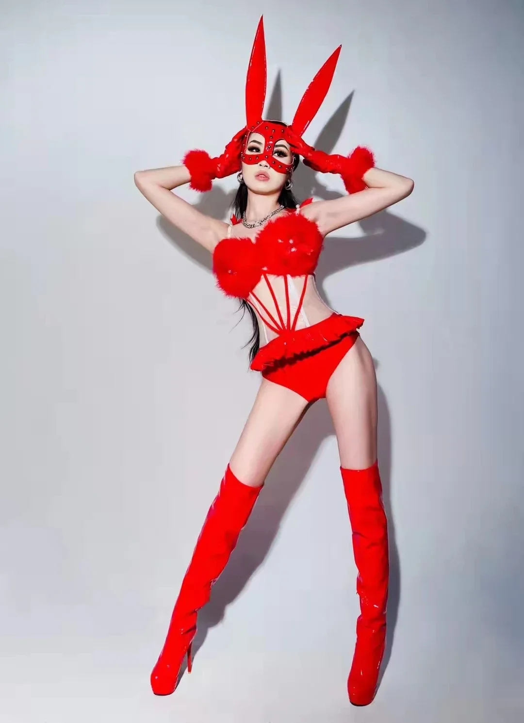 축제 파티 나이트 클럽 바 DJ 댄스 의상 댄서 팀 섹시한 무대 착용 붉은 깃털 PU 가죽 비키니 바디 슈트 장갑 헤드 기어