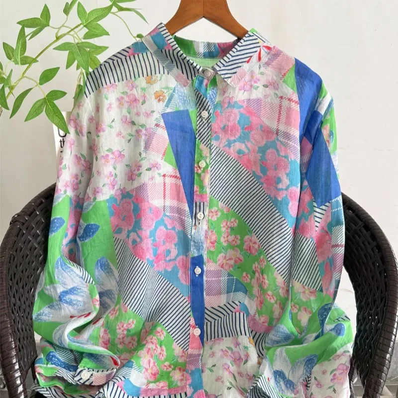 

Women's Floral Patchwork Print Cotton Shirt Spring Long Sleeve Button Up Blouse