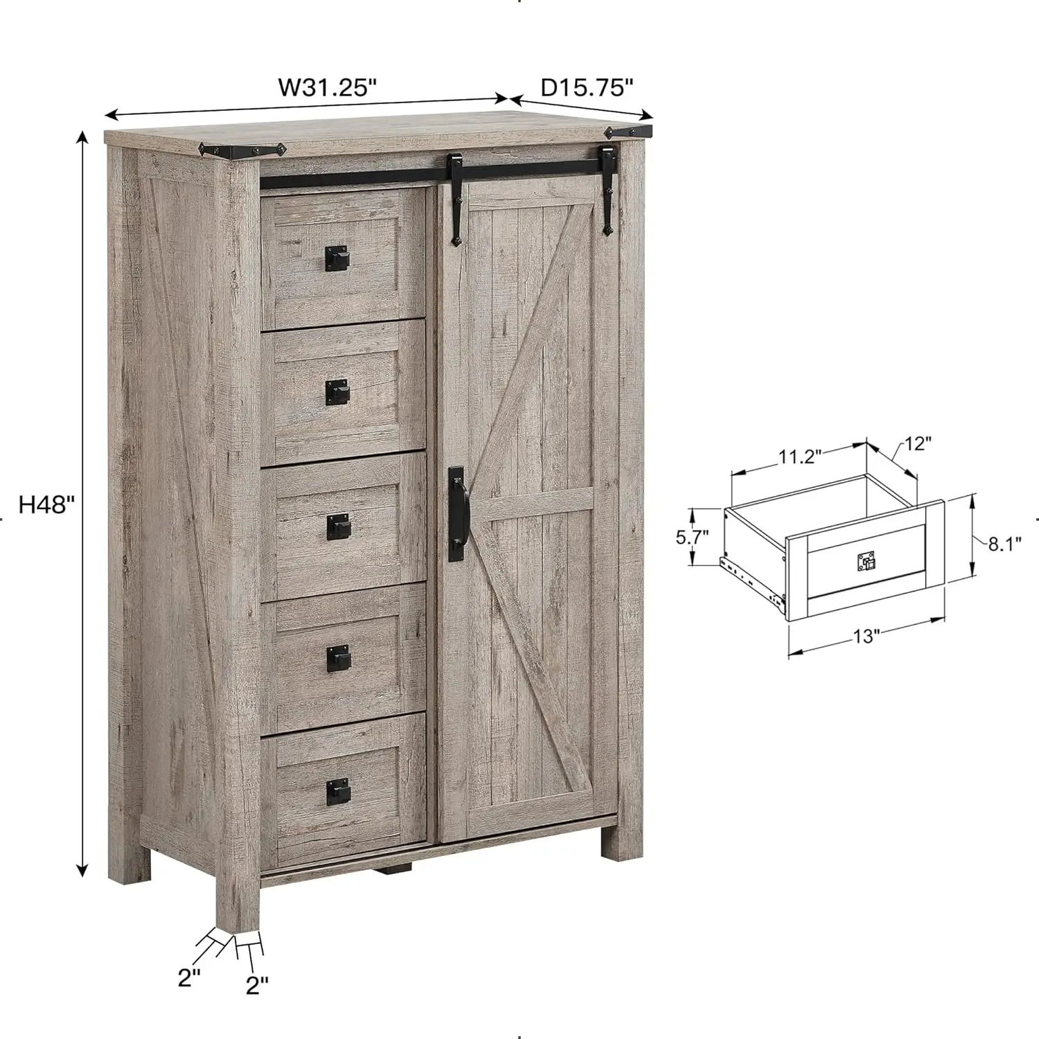 5 Drawers Dresser for Bedroom w/Sliding Barn Door, Farmhouse Modern Tall Dresser 5 Chest of Drawers, Storage Organizer