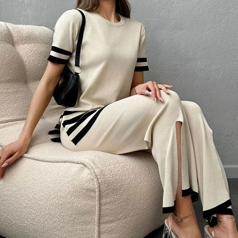 

Высококачественный вязаный топ в полоску, женский свободный крой, повседневные брюки с высокой талией и боковым разрезом, ранняя весна, новый стиль, дизайн с круглым вырезом