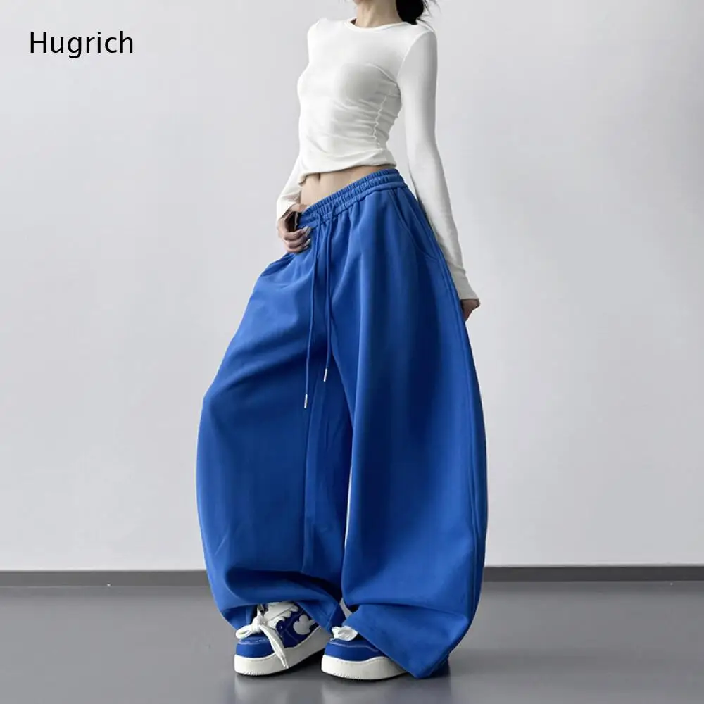 Elastic High Waist Drawstring Wide Leg Sweatpants Klein Blue Side Pocket Adjustable Ankle Casual All Match Women Jogger Pants