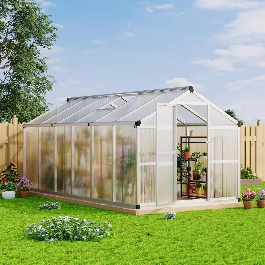 

8x12 ft Greenhouse Large Aluminum Greenhouses for Outdoors Heavy Duty Polycarbonate Greenhouse with Roof Vent Walk-in Green Hou
