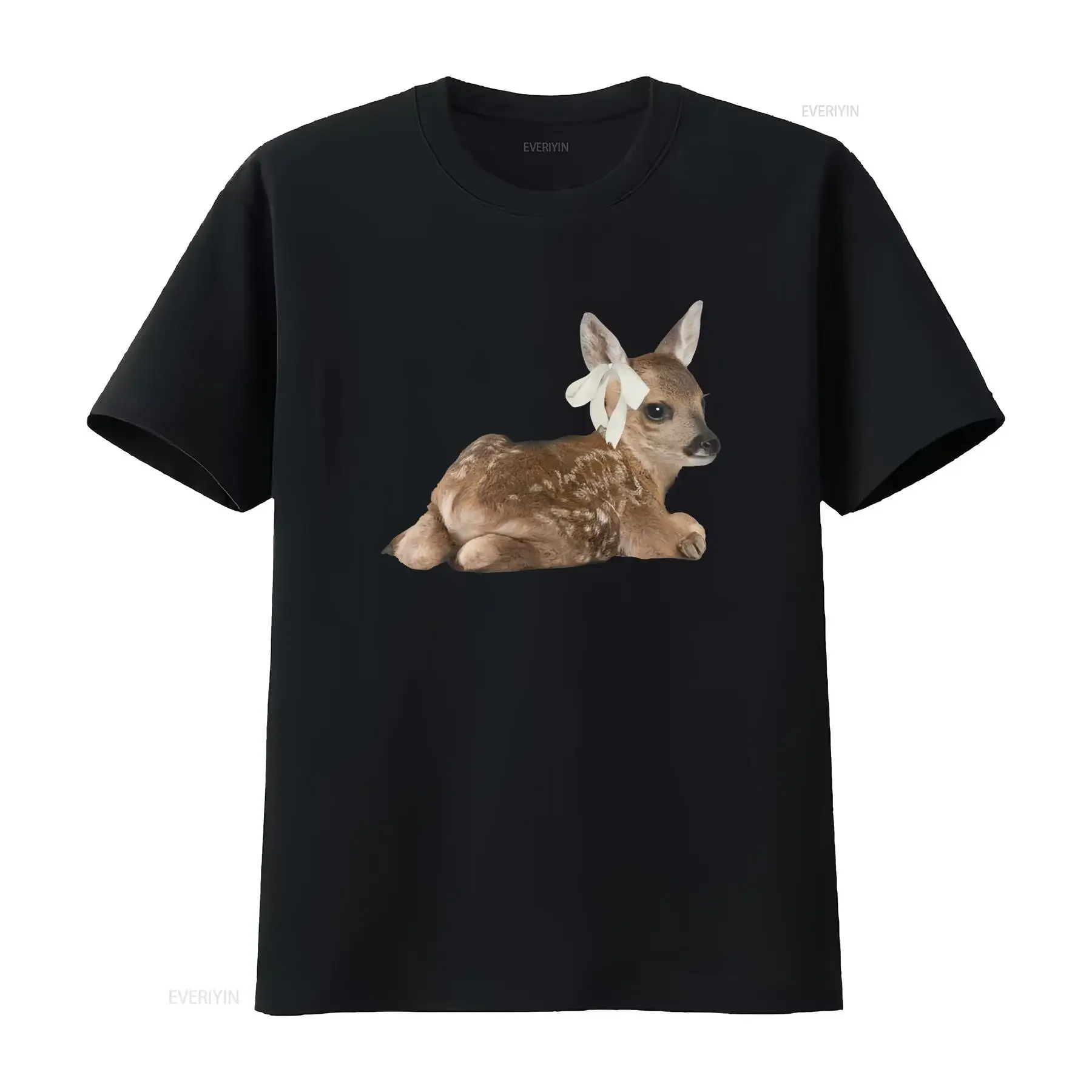 Cute Realistic Baby Fawn White Bow Print Casual T Shirt vintage Washed Comfortable Versatile graphic Stylish Stretched