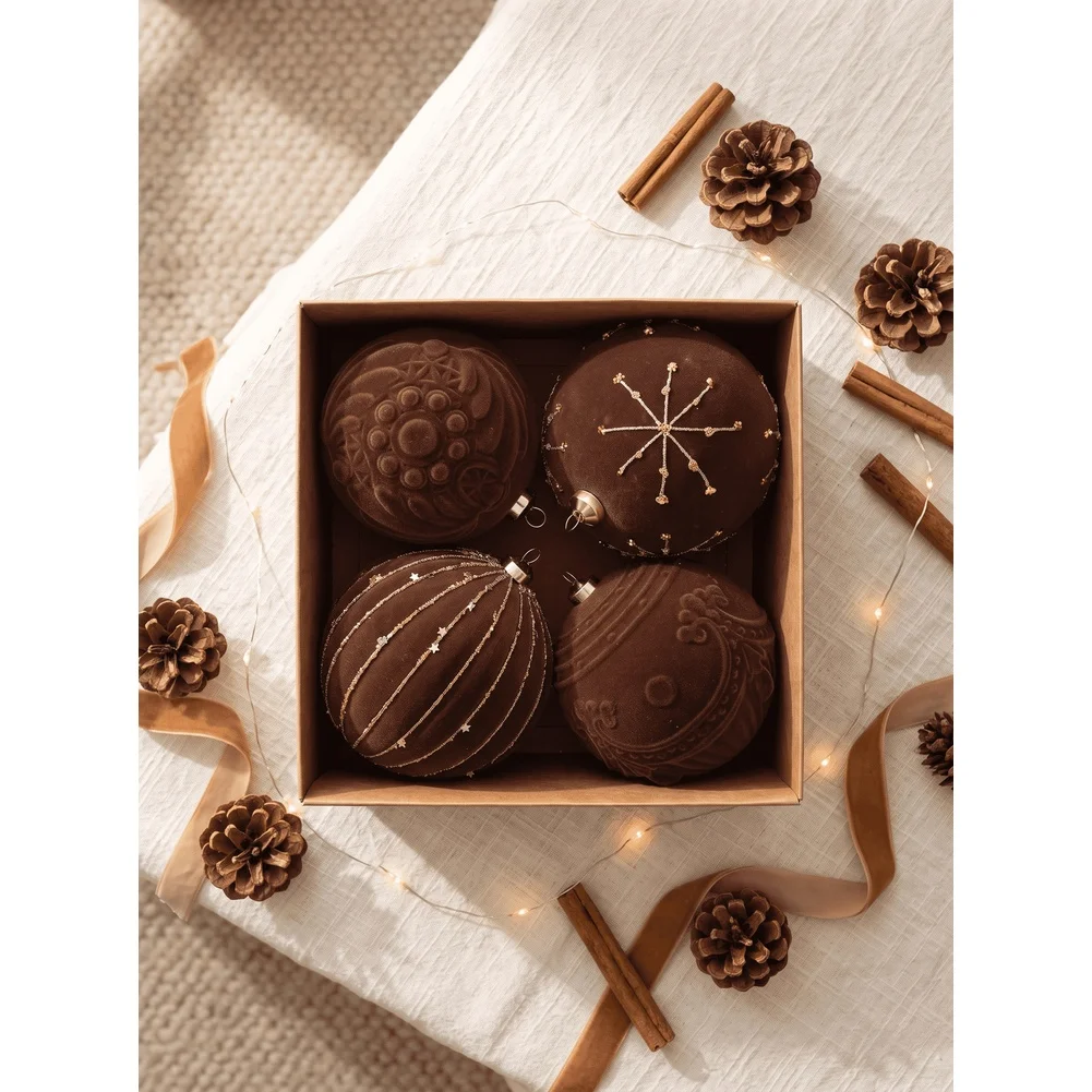 Brown Flocked Christmas Ball Set Gold Embossed 4Pcs Polystyrene Ornament For Holiday Tree Hanging Decor Home Garden Decoration