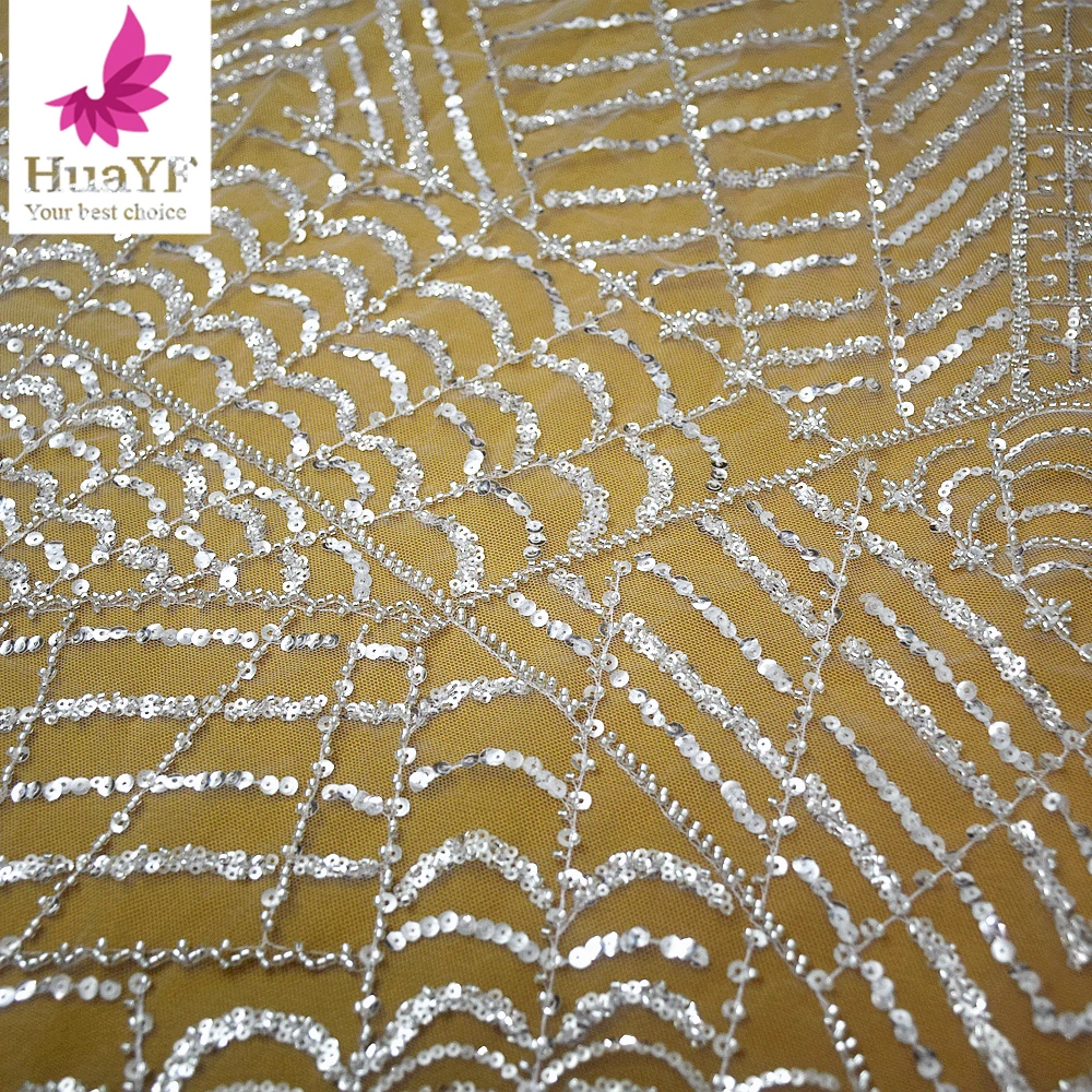 

1 Yard High-End White Luxury Beads Mesh Sequin Bridal Lace With Pearl Tulle Wedding Dress Fabric HY2740