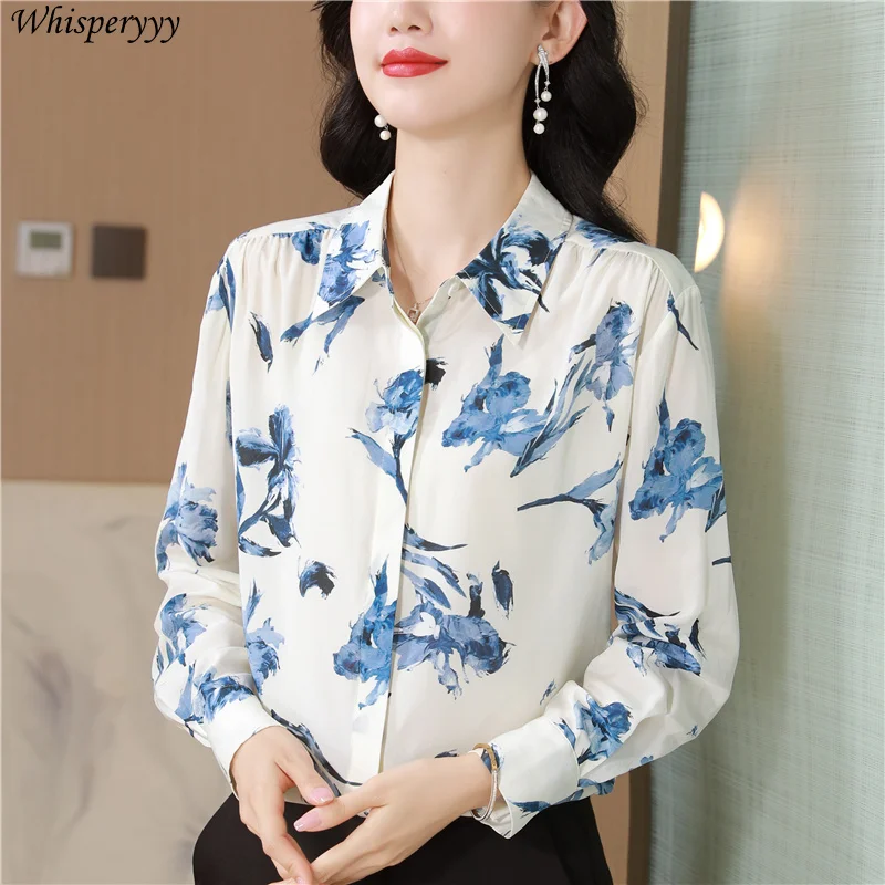 Blue Printed Long-sleeved Shirt Women Clothes Fashion Casual Lapel Chemise Femme Spring Autumn Korean Button Blouse Female