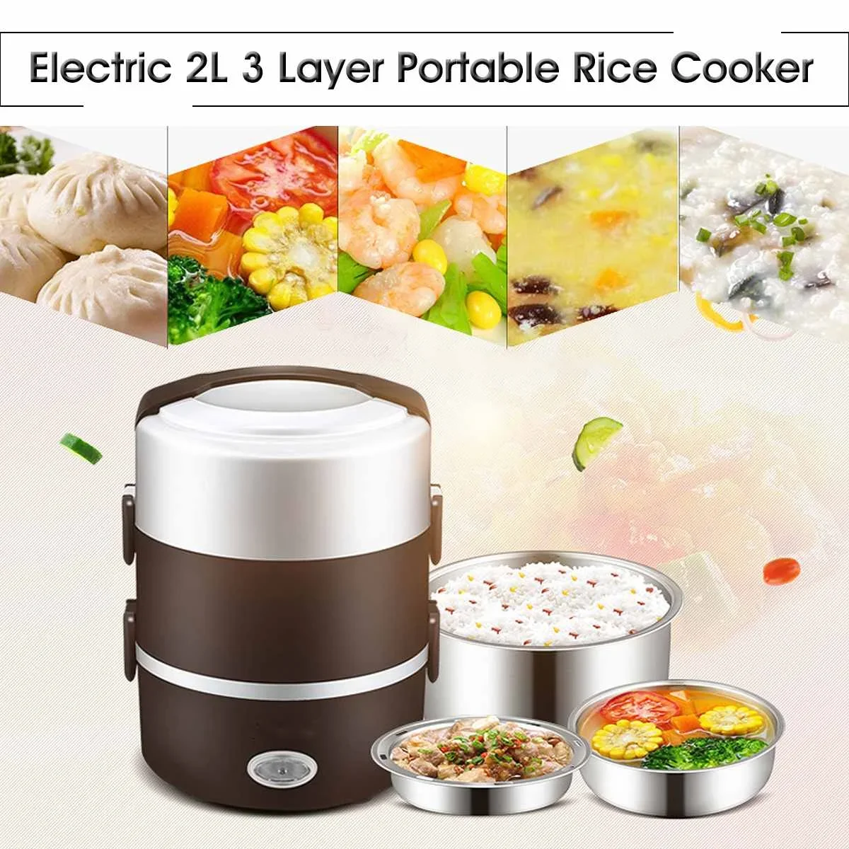 3 Layer 2L Portable Lunch Box Mini Electric Rice Cooker Steamer Meal Thermal Heating Automatic Food Container Warmer Cooking Pot