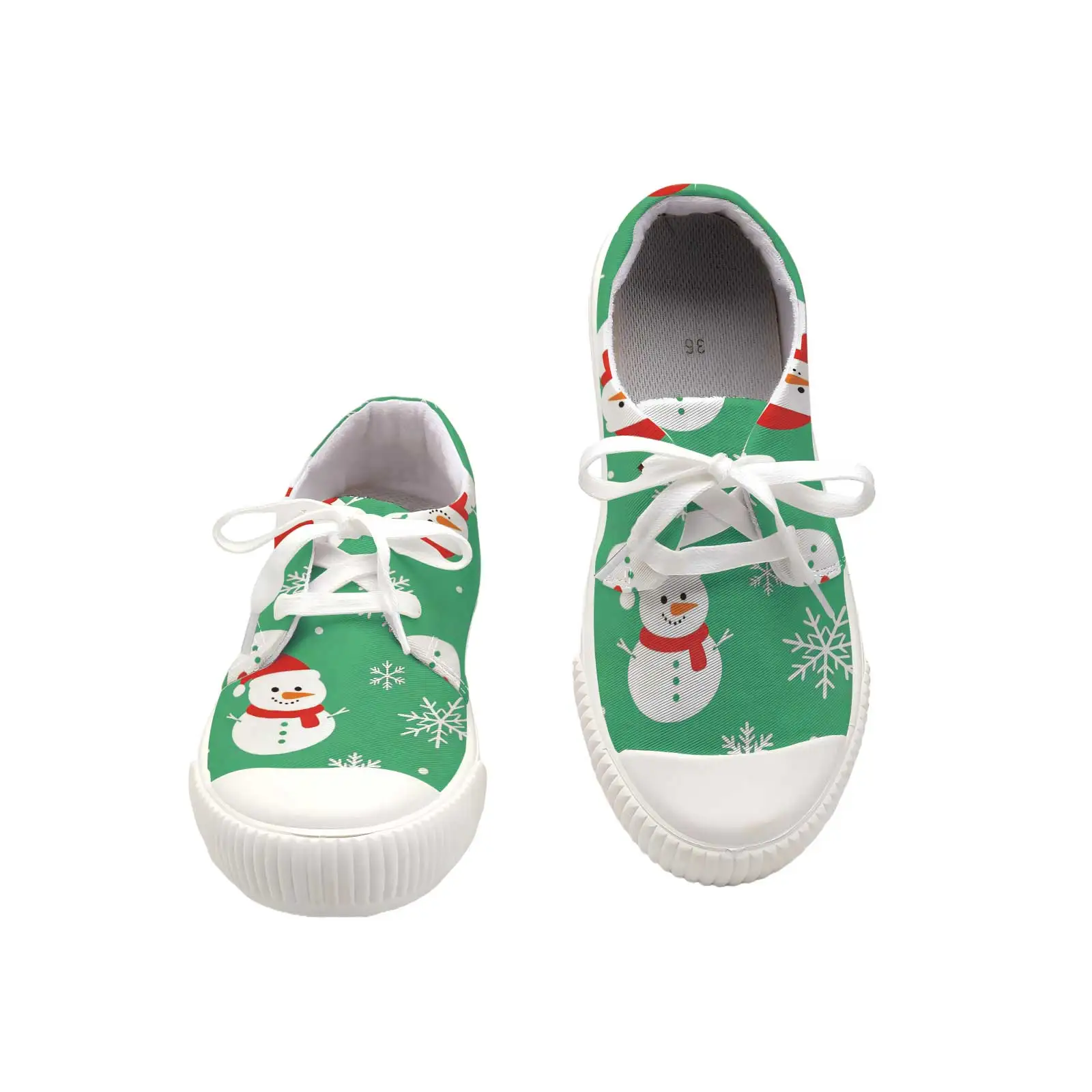 Women Christmas Snowman Print Lace Up Sneakers Wide Round Toe Flat Shoes For Daily Commute Walking Holiday - view 5
