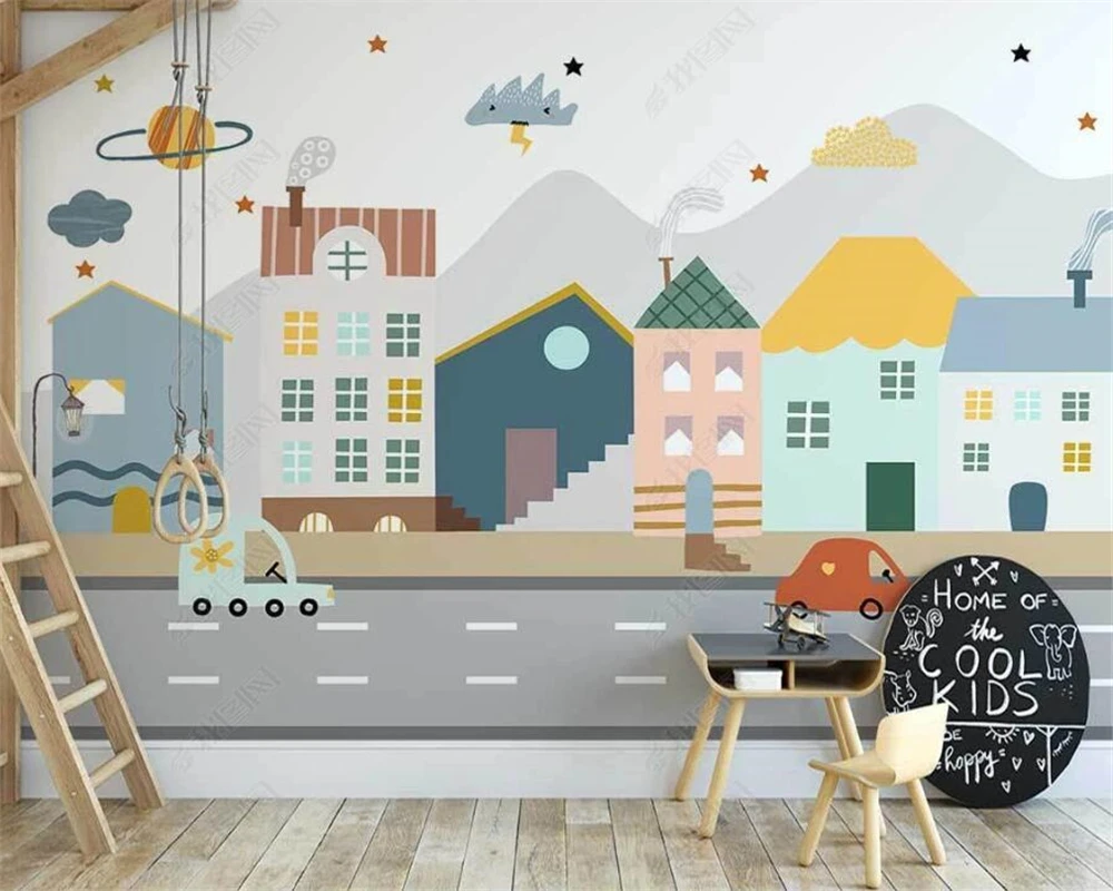 

Beibehang Customized latest Nordic hand-painted colorful small house, children's room cartoon bedroom background wallpaper