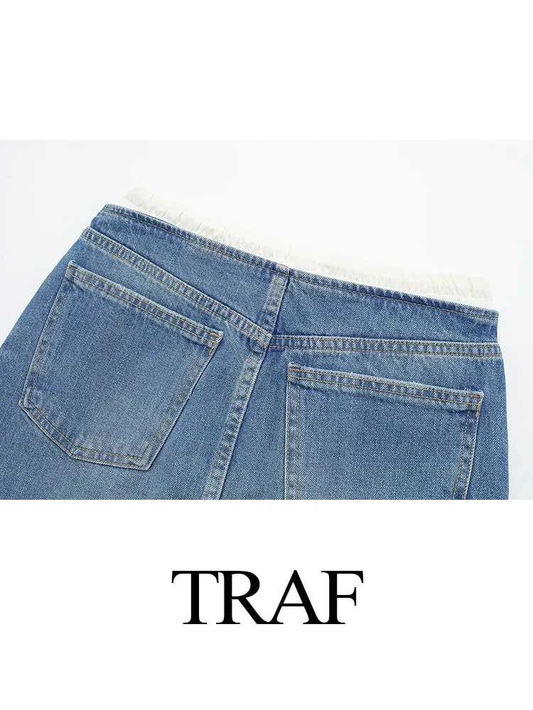 TRAF 2024 Woman Vintage Denim Patchwork Mini Skirt Female Fashion Splicing Short Skirts For Women Streetwear Summer Skirt