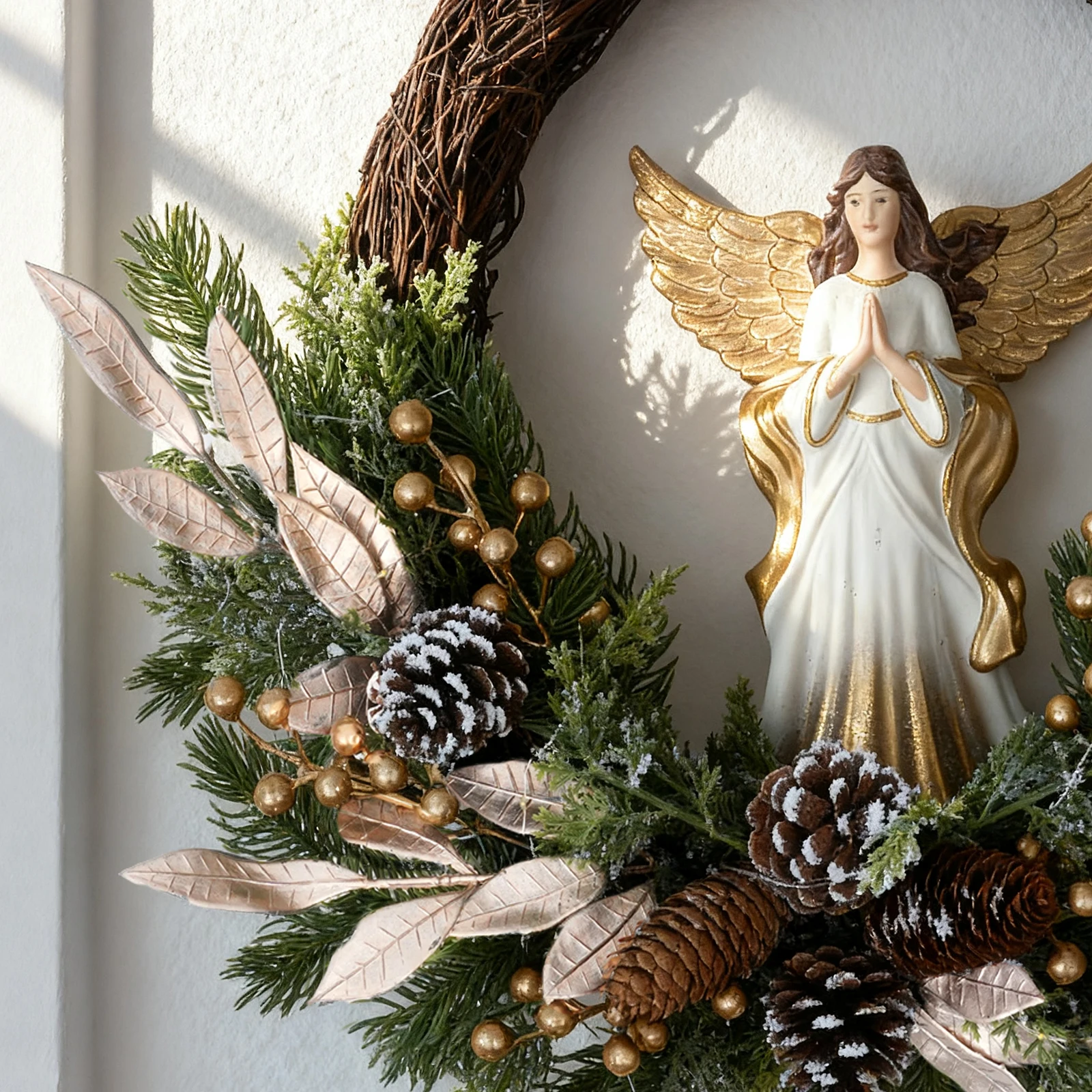 

24 Inch Christmas Wreath with Angel and Pinecone, Holiday Front Door Decor for Christmas, Front Porch, and Holiday Season Decora