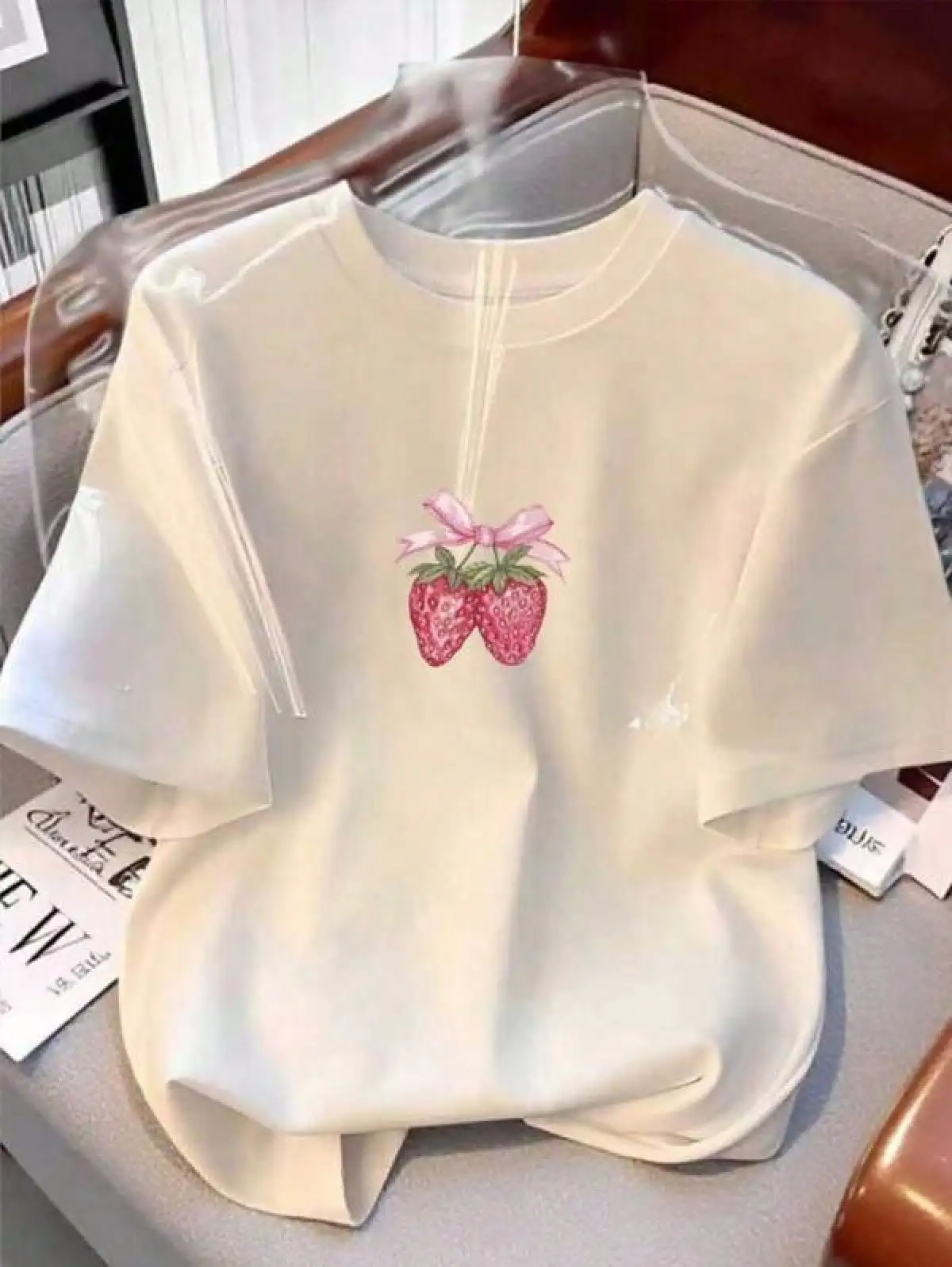 T Shirt Print ,Graphic-Cotton Tees Size Plus, Strawberry Bow Graphic Round Neck Women's Printed T-Shirt,With Shirt,Summer Tops,Shirt Suitable