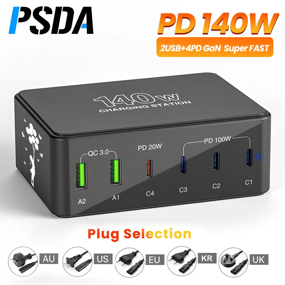 PSDA 140W 6-Port Desktop USB Charging Station USB C QC3.0 PD 100W Fast Charger for MacBook iPhone Samsung Xiaomi HUAWEI