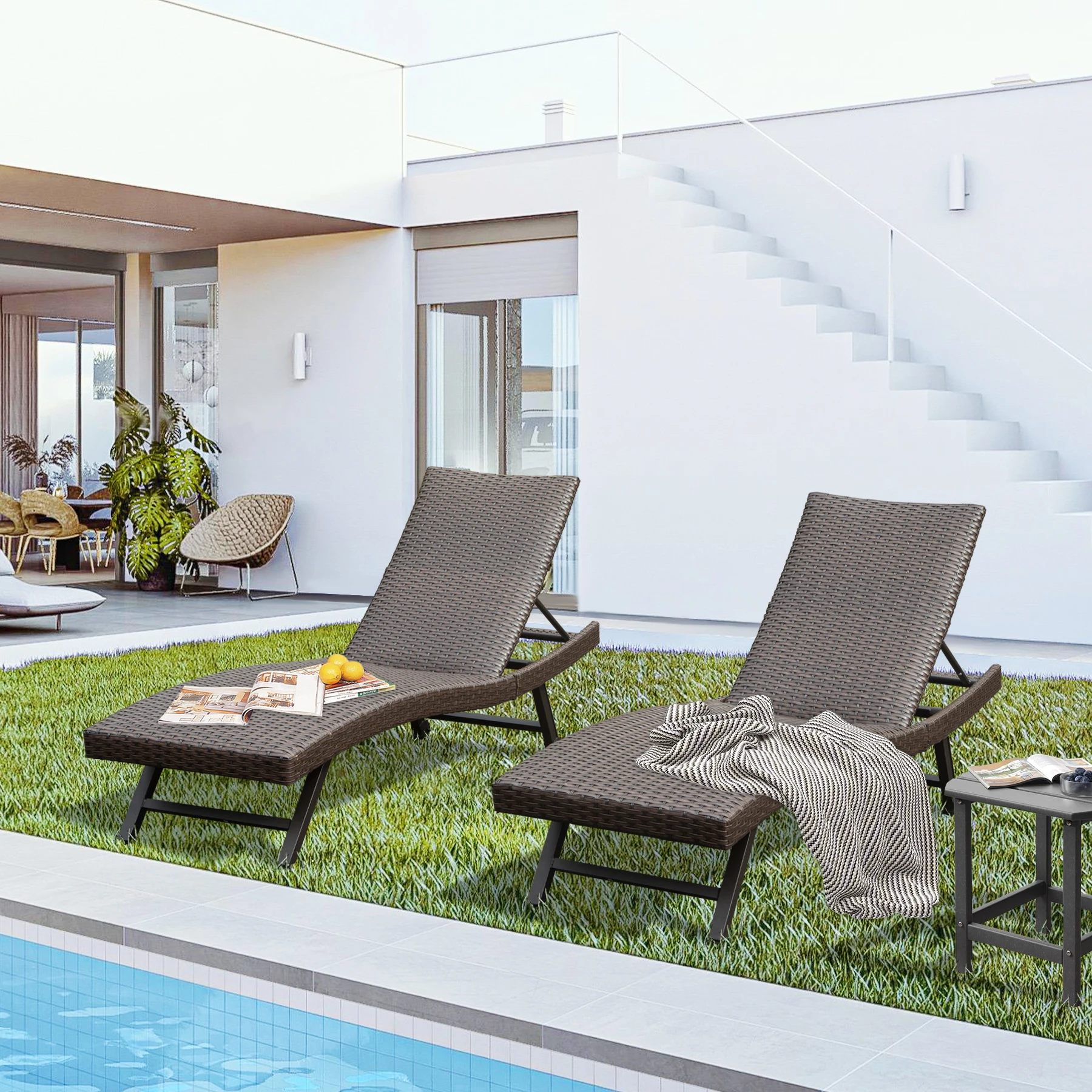 

2 Pcs Outdoor Loungers With Wheels Aluminum Braided Rattan With Quick-drying Cotton Portable Patio Sun Chaise Lounge