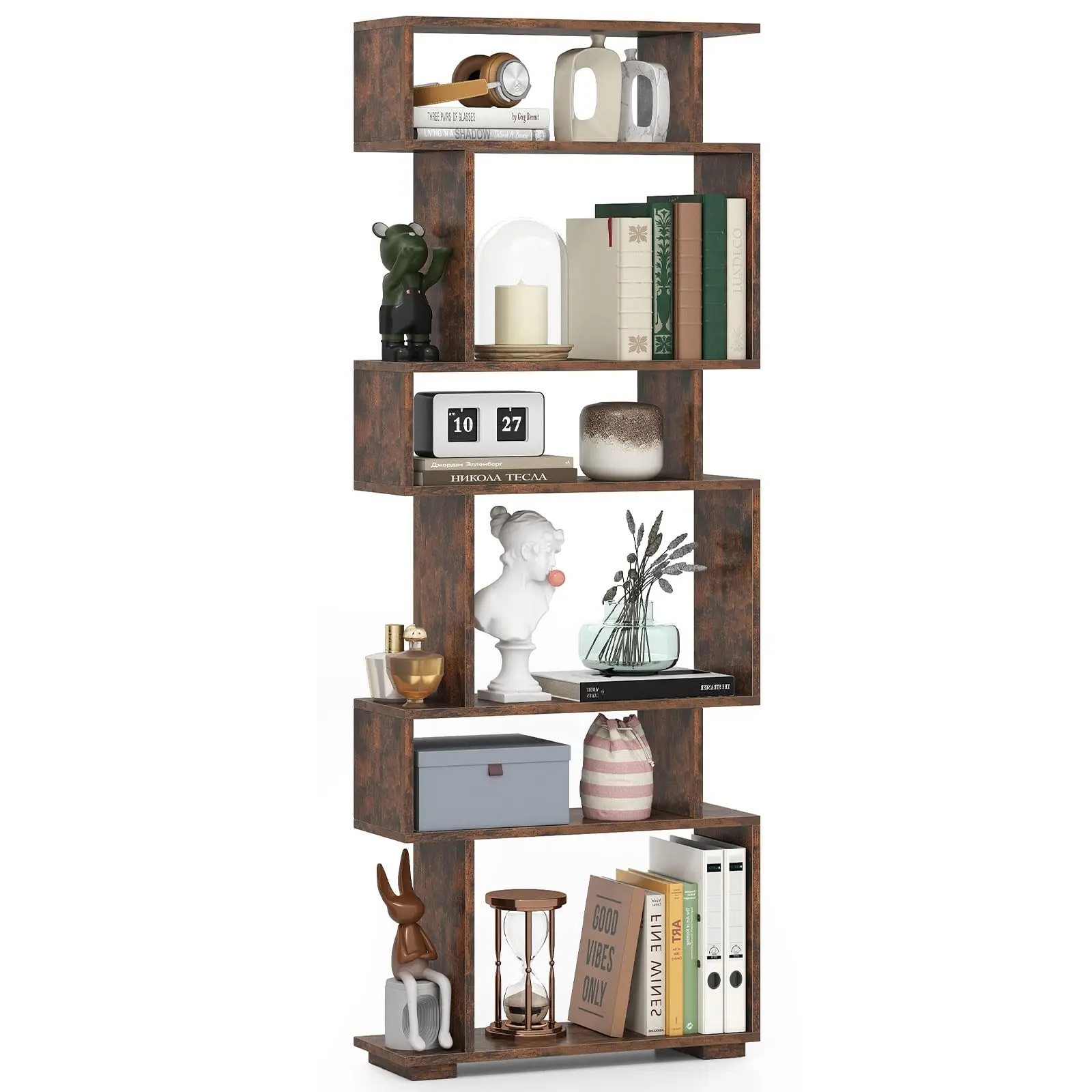 6-Tier Geometric Bookshelf, S-Shaped Bookcase with 2 Anti-Tipping Kits, Wooden Display Shelf, Decorative Storage
