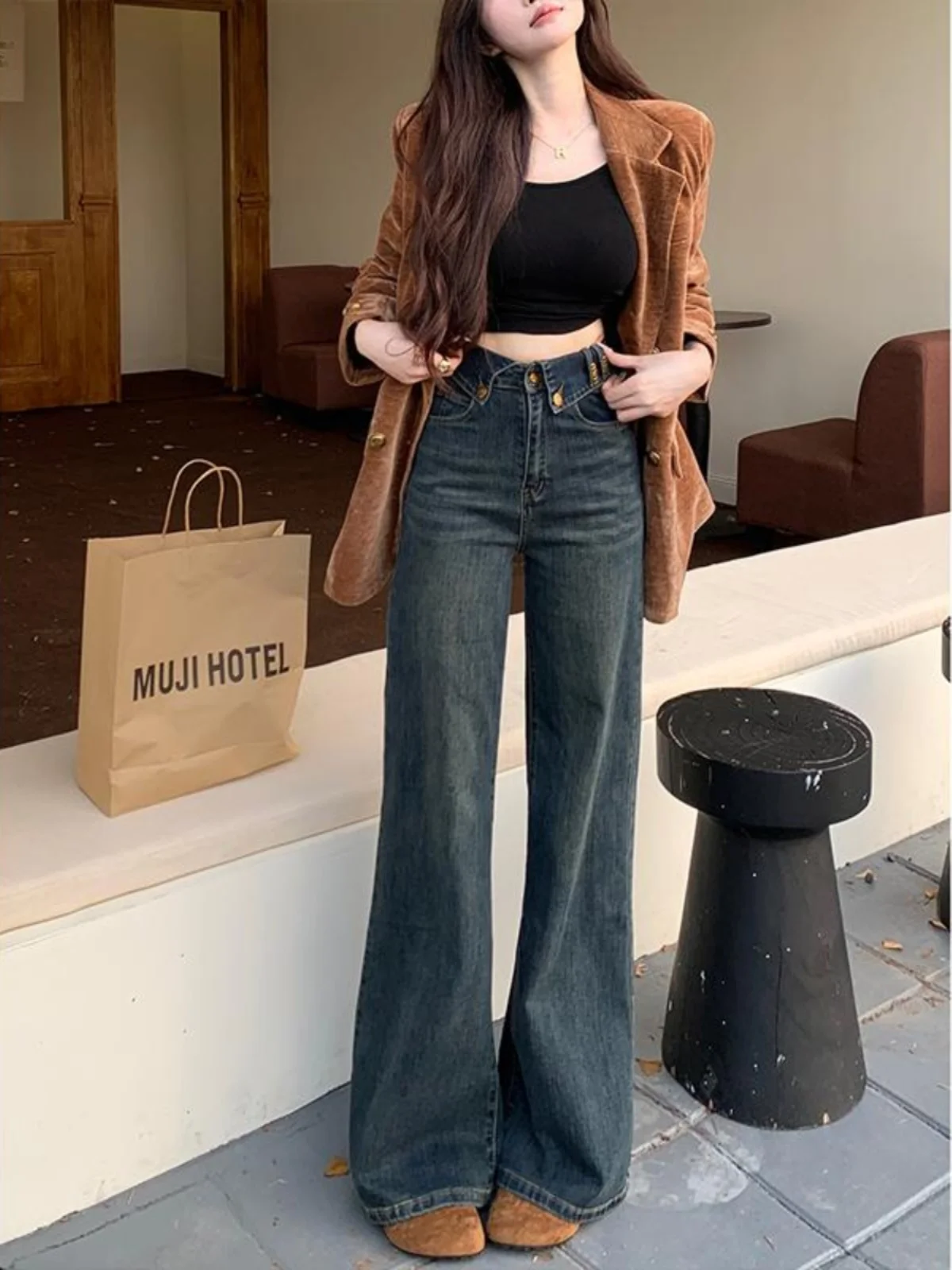 Jeans a vita alta dimagranti a vita alta con campana Bot Jeans versatili da donna con stampa di lettere, vestibilità comoda, pantaloni lunghi, pendolari casual