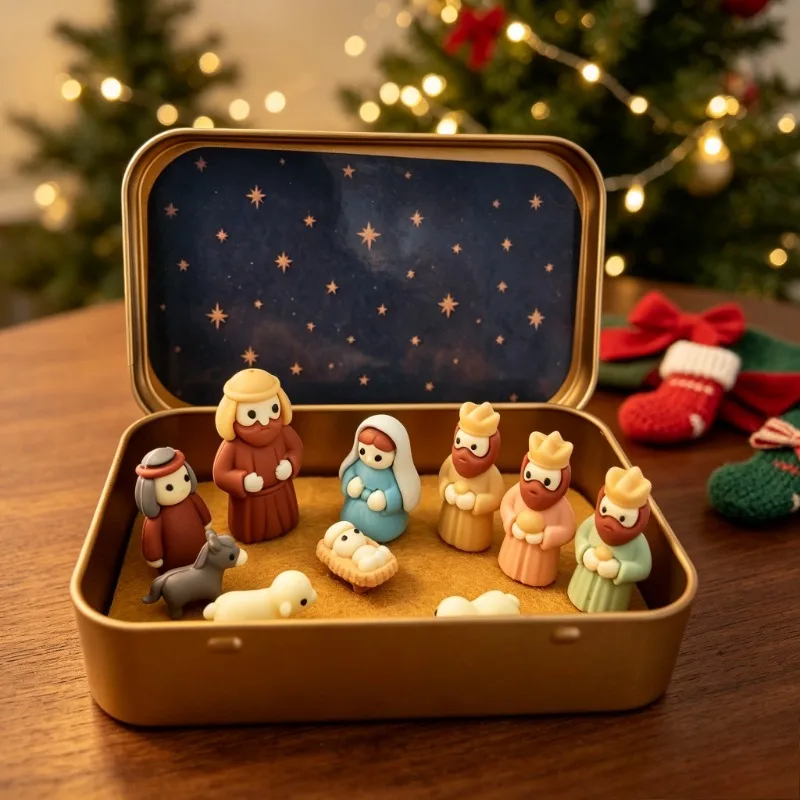 1Set Mini Christmas Nativity Set in Tin Box,Pocket Size Portable Figurines with Mary Joseph Jesus Shepherds Animals