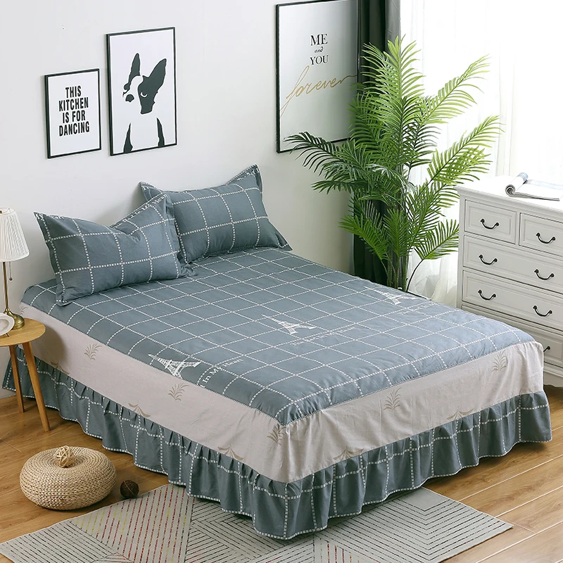 

100% cotton Bedskirt gray plaid bedspread twin full queen king size bed skirt mattress protective case/cover 48*74cm pillowcase