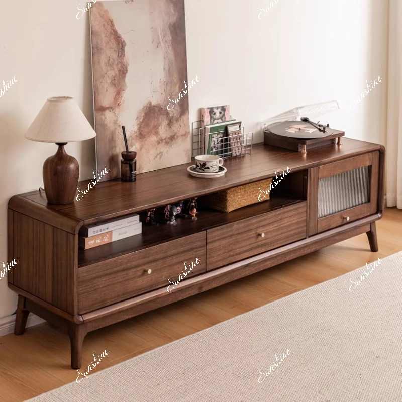 Nordic black walnut TV cabinet, all solid wood simple and complete living room glass floor cabinet