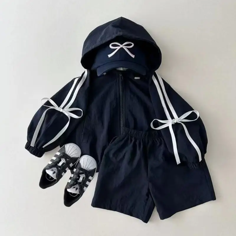 MiniAinis Summer New Girls Long Sleeved Hooded Top Shots 2 Pieces Suit Kids Fragmentary Clothing Set Children Bow Knot Clothes